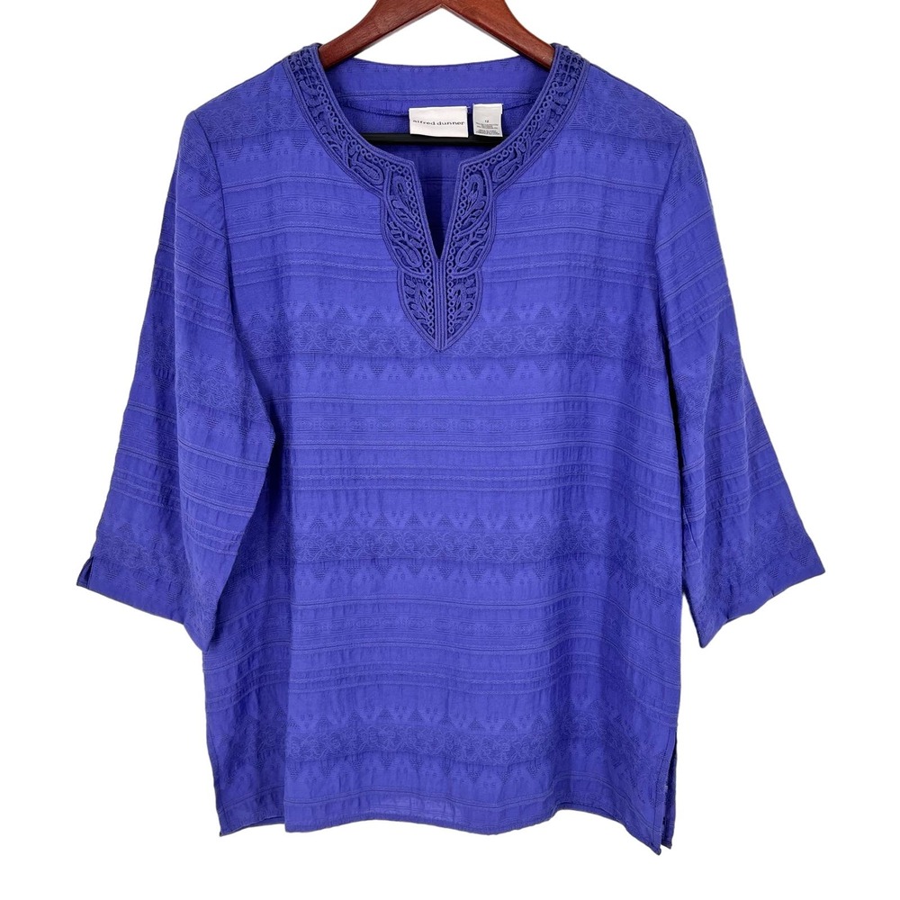 Alfred Dunner Sz 12 Purple Crochet 3/4 Sleeve Blouse Shirt Top Summer Travel